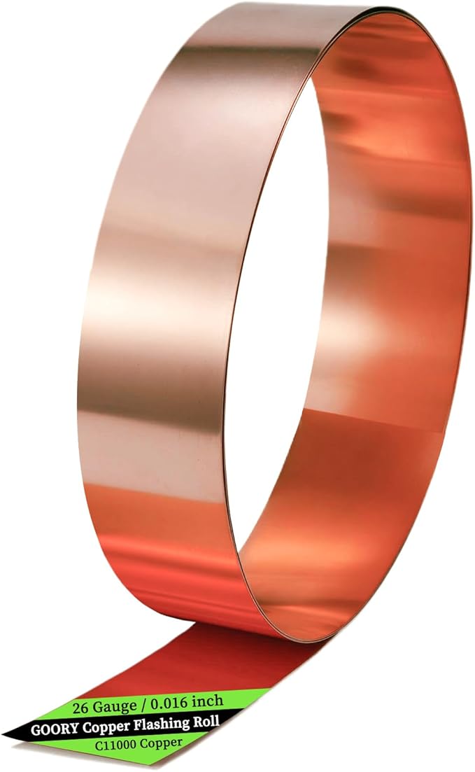 GOORY Copper Flashing 26 Gauge - 2in x 10ft 0.016"(0.41mm) Thickness Roof Flashing Roll - 99.95+% Pure Copper Sheet Metal ASTM B152 - Roofing Repair DIY Project Contractor Jewelry Crafts