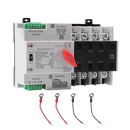 63Amp AC110V Automatic/Manual Transfer Switch 4P 50/60Hz, 4POLE 100A Mini ATS Solar Auto Dual Power Switch for Home, Din Rail Mounted Cn Automatic Changeover Fast Transfe for Rv, Lv Power