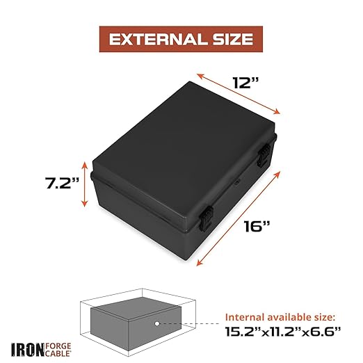 Iron Forge Cable Waterproof Junction Box Extra Large - Outdoor Enclosure with Accessories, Hinged Black Panel Cover - IP65, 16"x 12"x 7.2"Inch