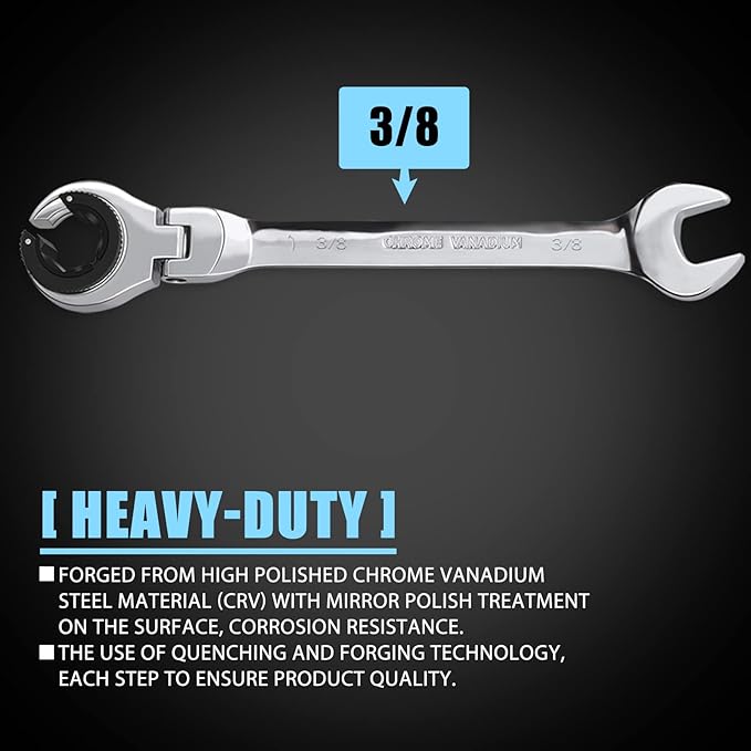 LOSCHEN】1PCS 3/8 Open Flex-Head Ratcheting Wrench, SAE Ratcheting Spanner with 72 Teeth, Chrome Vanadium Steel Tubing Ratchet Spanner