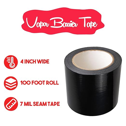 Black Seal Tape, 4" x 100' Vapor Barrier Tape Polyethylene Sealing Moisture Barrier Seam, Black Vinyl Tape for Crawlspaces, Repair, Underlayment Seams, Metal Building Seams