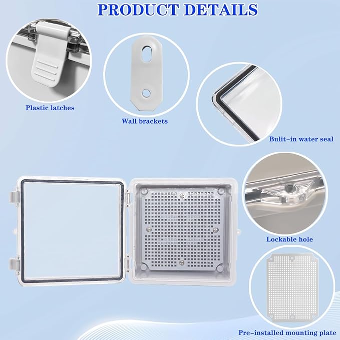 Waterproof Outdoor Electrical Box Junction Box Weatherproof IP67 ABS Plastic Enclosure Switch Router Project Box with Mounting Plate with Wall Bracket 2 Cable Glands Clear 5.9"x5.9"x3.5"