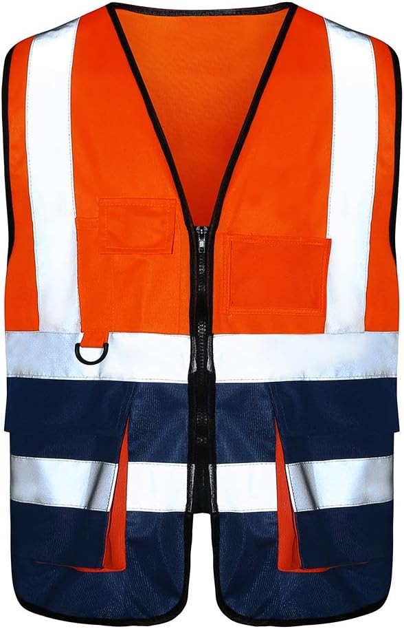 A-SAFETY High Visibility Safety Vest with 7 Pockets Multi Frontal Pockets Lighetweight Safety Vest with Reflective Strips and Zipper, Orange&Blue Color Mixed, XXXL