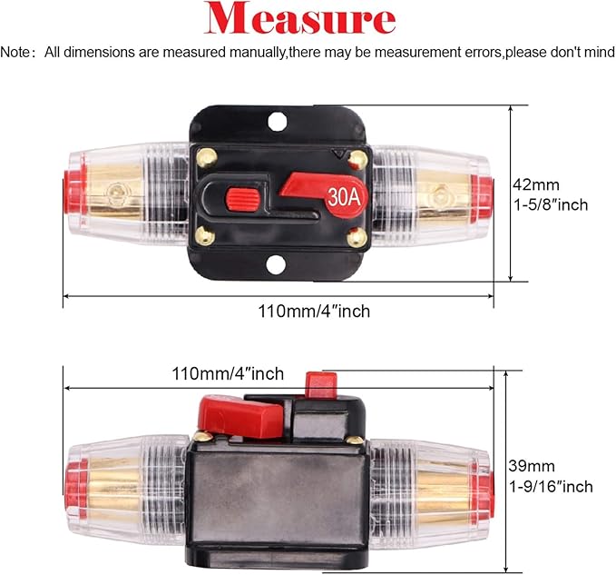 12V 30A Circuit Breaker Reset Fuse PowMr, Audio Inline Fuse Holder 30 Amp With Manual Reset for Car Audio, Stereo Switch and Solar Inverter System (2 Pack)