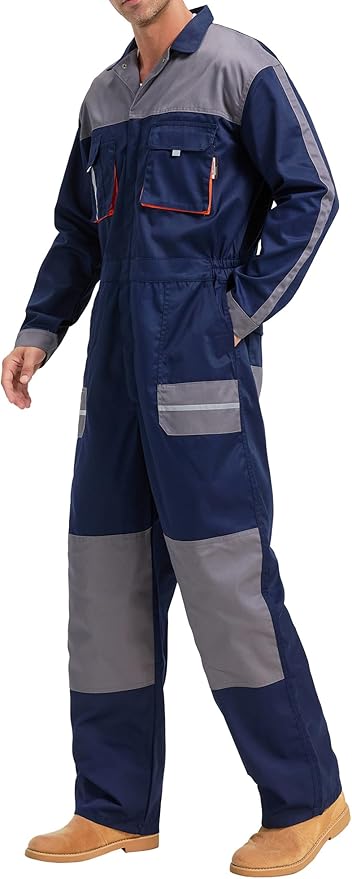Men's Work Coveralls Multi Pockets Garage Work Jumpsuit Zip Coverall One Piece Workwear Mechanic Overalls