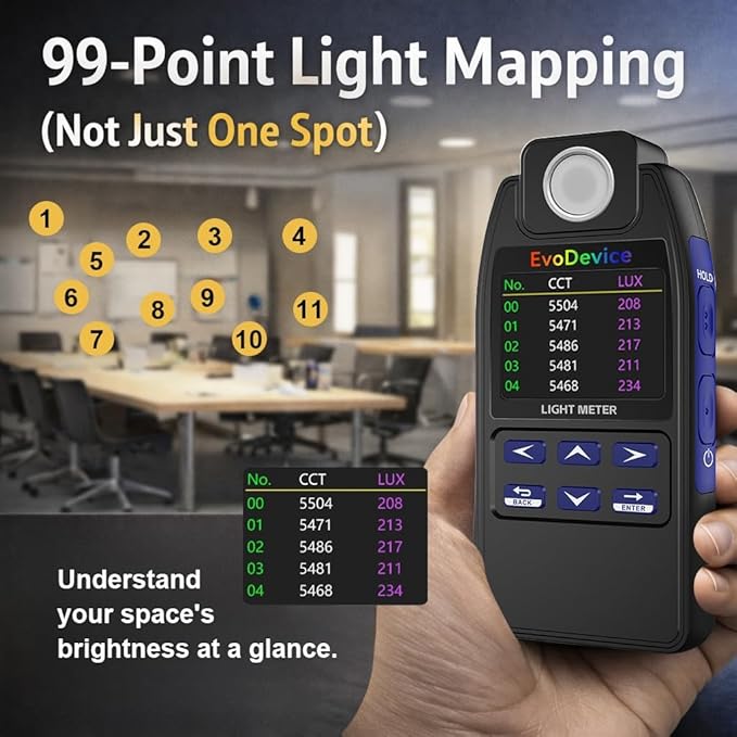 E130 Light Meter – Accurate Lux & Color Temperature (CCT) for Any Light Source, 99-Point Light Mapping, Hold Freeze, Spectrum Mode Accurate for 420/450nm White LEDs