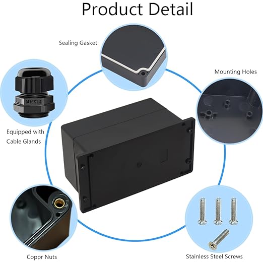 Junction Box IP65 Waterproof ABS Plastic Electrical Project Case Power Junction Boxes, Project Box with Fixed Ear Black 7.87x4.72x4.45 inch (200 x 120 x113 mm)
