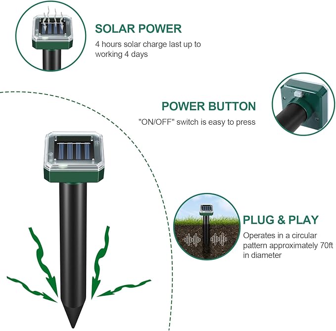 8 Pack Solar Powered Mole Repellent, Ultrasonic Outdoor Pest Repeller for Lawns & Gardens - Waterproof, Chipmunk, Vole, Gopher, Groundhog, Snake Deterrent (Dark Green)