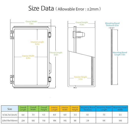 LeMotech Electrical Box, IP67 Waterproof Hinged Clear Cover Stainless Steel Latch Junction Box, ABS Plastic Electrical Enclosure with Mounting Plate,Wall Brackets, Cable Glands,8.7"x6.7"x4.3",Grey