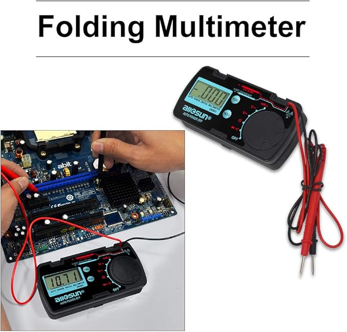 allsun Mini Auto Range Folding Digital Multimeter Automotive Tester AC DC Volt AMP Ohm LCD Travel Voltmeter Ammeter Continuity Tester Auto Power Off EM3082