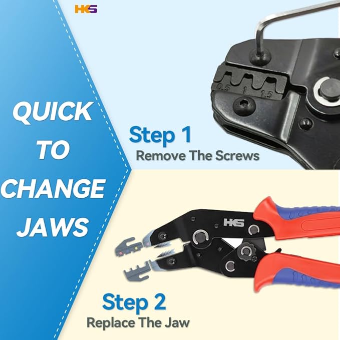 HKS Ratcheting Crimping Tool Set 11 PCS with Changeable Jaws for Dupont JST MOLEX - Open Barrel Terminals, Insulated & Non-Insulated Ferrules, Terminals & Butt Connectors,Solar & Coax Connectors