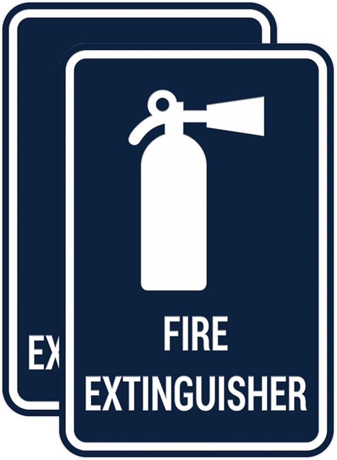 Signs ByLITA Portrait Round Fire Extinguisher Sign with Adhesive Tape, Mounts On Any Flat Surface (Navy Blue/White) - Medium (2 Pack)