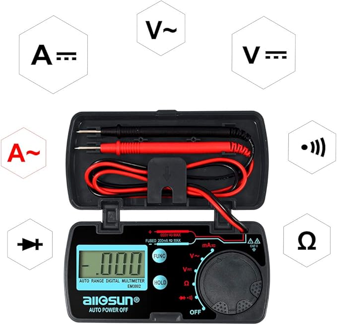 allsun Mini Auto Range Folding Digital Multimeter Automotive Tester AC DC Volt AMP Ohm LCD Travel Voltmeter Ammeter Continuity Tester Auto Power Off EM3082