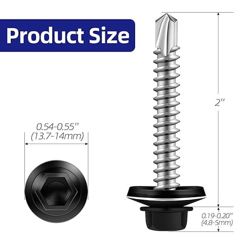 #10 x 2 Zinc Plated Steel Self Drilling Roofing Screws, Hex Head Self Tapping Screws with EPDM Washer, Black Head, 50 PCS