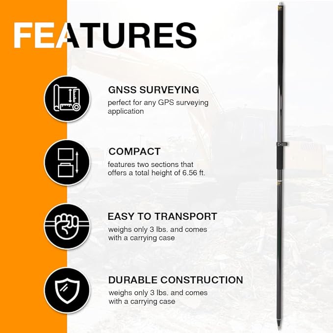 Carbon Fiber 2M 2Section Survey Pole, GPS Rover Rod 6.5FT/2M 2Sections Design for Land Surveying & Engineering – RTK GPS/GNSS Accessory –Includes Level Vial & Carrying Bags (GLS22-B)