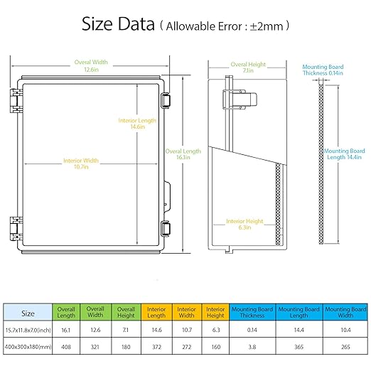 LeMotech Electrical Box, IP67 Waterproof Hinged Cover Stainless Steel Latch Junction Box, ABS Plastic Electrical Enclosure with Mounting Plate,Wall Brackets, Cable Glands,15.7"x11.8"x7.0",Grey