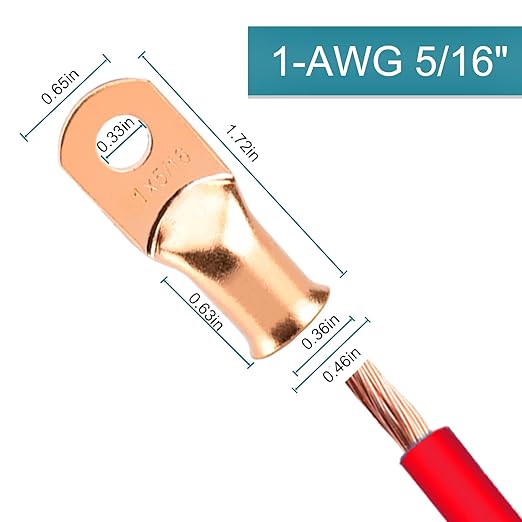 8 PCS Battery Terminal Connectors, Battery Cable Ends Lugs, 1 Gauge Wire Connectors, 1AWG 5/16" Stud Ring Terminals, Copper Wire Lugs with Heat Shrink Tubing.
