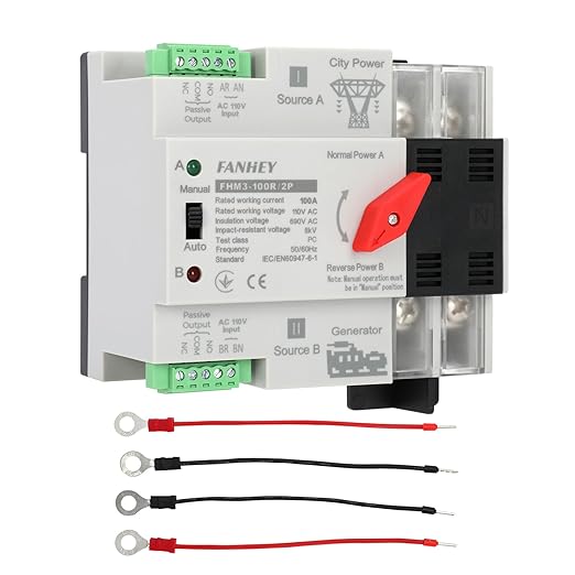 Automatic/Manual Transfer Switch 100Amp 110v 2POLE, Mini ATS AC 110V 50/60HZ, W2R Solar Auto Dual Power Transfer Switch for Home Generator, DIN Rail Mounted Controller, RV,Public/Backup Power