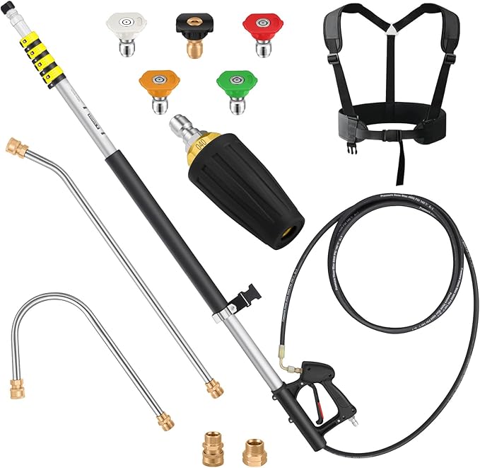 24 FT Telescoping Pressure Washer Wand Extension, Hot Water Supported Power Washer Extension Wand with Turbo Nozzle, 5 Nozzle Tips, 2 Adapters, Harness, Gutter Cleaning Tools from The Ground