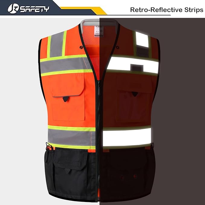 JKSafety Hi-Vis Unisex Surveyor Safety Vest Heavy Duty PPE Inner Pockets ANSI/ISEA Compliant