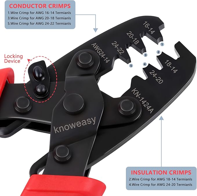Knoweasy Molex Crimper and Delphi Crimper Compatible with Deutsch DT Series Stamped or Formed Contact,Molex, Delphi, Amp, Tyco, Harley, PC, Automotive - AWG 24-14 Wire Crimper 1424A