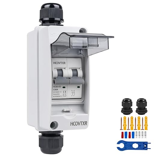 Solar Panel Disconnect Switch 30 Amp,1000V DC Miniature Circuit Breaker with IP65 Disconnect Box Outdoor