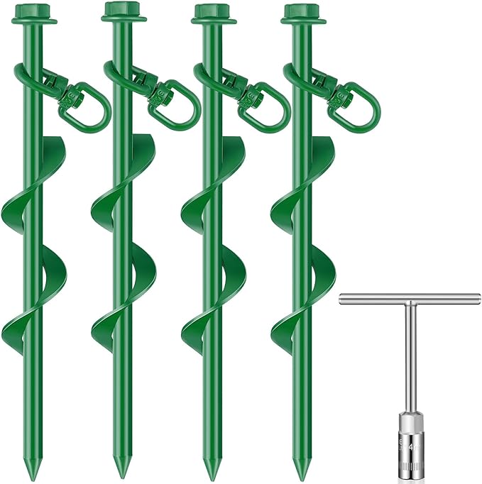 Hiboom 4 Pcs Ground Anchors with T Handle Hex Wrench Trampoline Hook, Ground Anchor Screw in Kit, Inflatable Outdoor Decorations Accessories for Camping Tents Car Ports Canopies (Green,8 Inch)