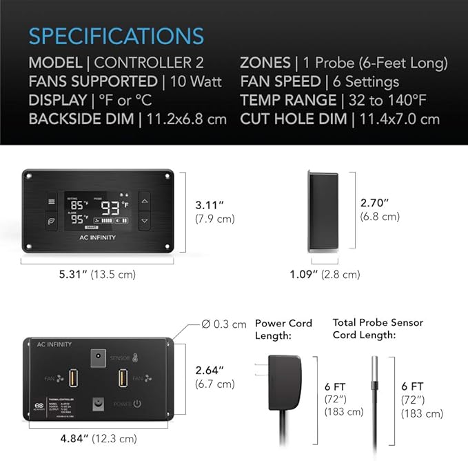 AC Infinity AIRPLATE T8, Quiet Cooling Dual-Fan System 6" with Thermostat Control, for Home Theater AV Cabinets