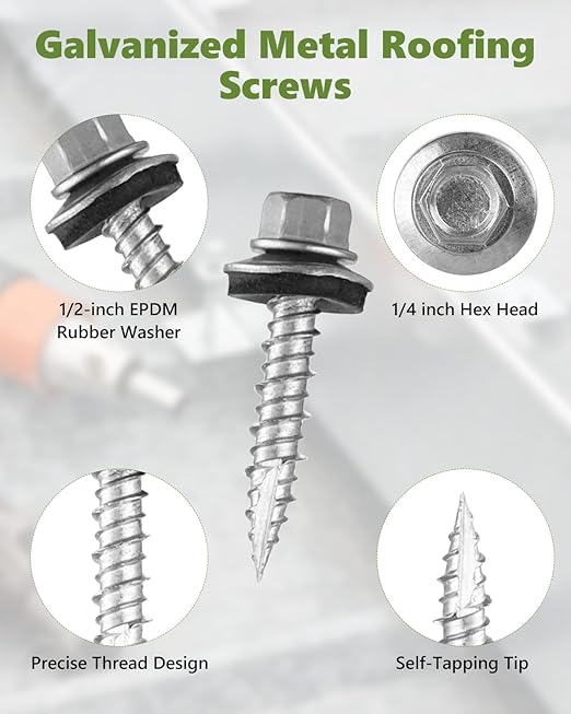 Hex Head Roofing Screws #10 × 1 Inch, 500Pcs Zinc Plated Self Tapping Metal Roof Screws with Rubber Washers for Metals and Corrugated Roofing Panels (Hex Socket Included)