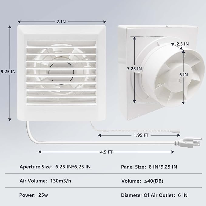 8 x 9.25 Inch Bathroom Exhaust Fan with Shutter Panel,77 CFM 25W Ventilation Fan for Window or Wall Mount,with a pull cord switch and US power cord
