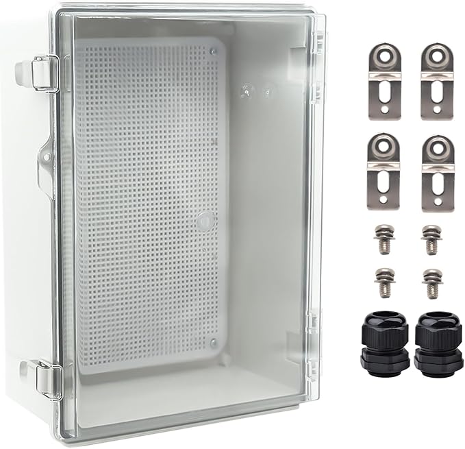 Waterproof Outdoor Electrical Box Junction Box Weatherproof IP67 ABS Plastic Enclosure Switch Router Project Box with Mounting Plate with Wall Bracket 2 Cable Glands Clear 14.6"x10.63"x5.9"