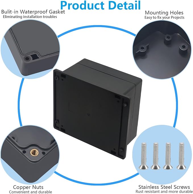 Project Box ABS Black Electrical Boxes IP67 Outdoor Waterproof Junction Box Electronic with Mounting Ears Includes Cable Glands for DIY Project 6.3 x 6.3 x 3.5 inch (160x160x90mm)