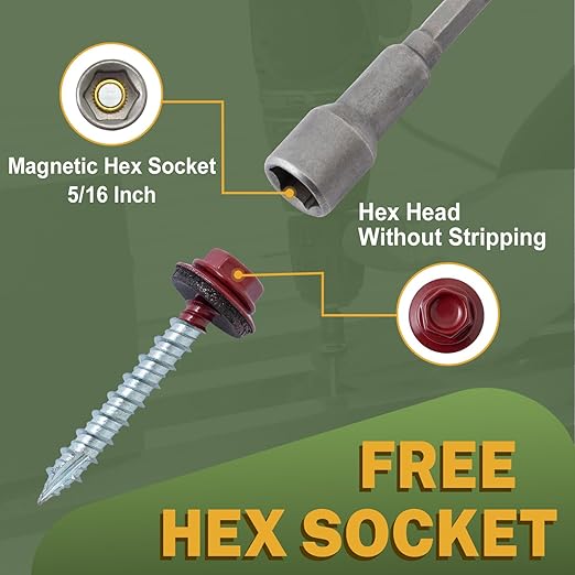 LIONMAX Metal Roofing Screws #10 × 2 Inch, 300-PCS, Dark Red Painted Hex Head Sheet Metal Roof Screws, Rubber Washer, Sharp Point, Metal to Wood Siding Screws, Hex Socket Included