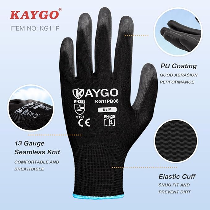 KAYGO Work Gloves for Men and Women,12 Pairs Seamless Knit PU Coated Safety Gloves, with Smooth Grip on Palm and Fingers, Ideal for Light Warehouse, Manufacturing, Gardening, KG11P (M, Black)