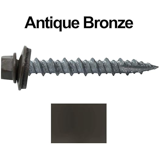 Metal ROOFING SCREWS: (250) 10 x 1-1/2" Antique Bronze Hex Head Sheet Metal Roof Screw. Self starting metal to wood siding screws. EPDM washer. Colored head