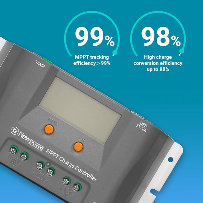 Newpowa15A MPPT Solar Charge Controller Charge ＞10A 12V Battery Regulator Dual USB Ports Negative Ground W/LCD Display Up to 200W Off Grid Solar Panel Adjustable for Gel AGM,Liquid, Batteries
