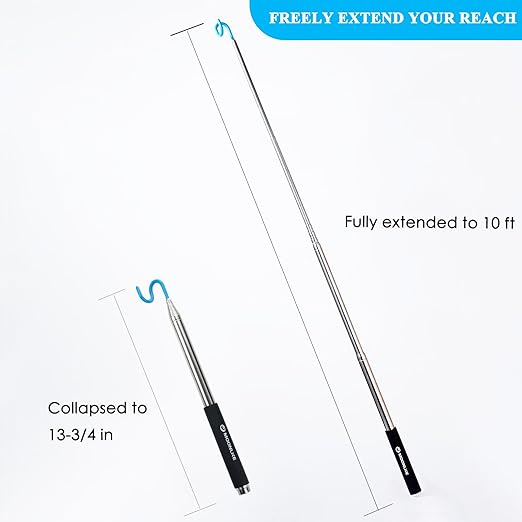 Telescoping Pickup Tool Magnetic Pole with Hook, 10 ft Telescopic Grabber Hook Pole Wire Reacher Tool, Push Pull Rod