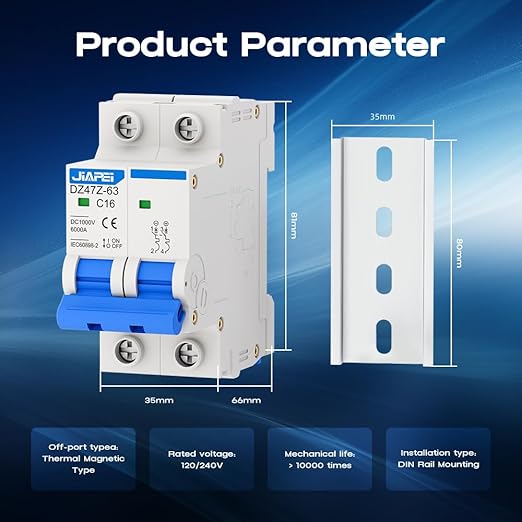 DC Miniature Circuit Breaker, 1000V 2 Pole 16 Amp Isolator for Solar PV System, Thermal Magnetic Trip DIN Rail Mount, C16 DC Disconnect Switch