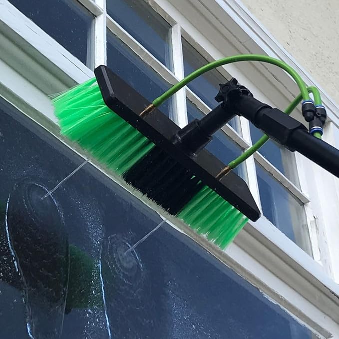 11" Nylon Bristle Brush Head for Superlite Water Fed Poles, Firm Bristles with 2 Brass Nozzles, Fits Standard Threaded Poles for High Reach Window and Solar Panel Cleaning, Spotless Clean