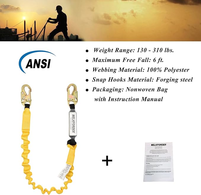 6-Foot Shock Absorber Stretchable Safety Lanyard with Double Snap Hook Connectors ANSI Z359.13-2013 Compliant Fall Protection Equipment