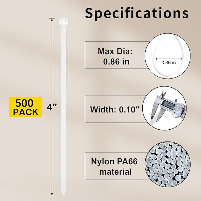 Small Zip Ties 4 Inch, 500 Pack, Mini White Cable Ties for Electronics, Wires, Nylon/Plastic Clear Zip Ties for Home Improvement, Office & Outdoor Use, 18lb Tensile Strength.