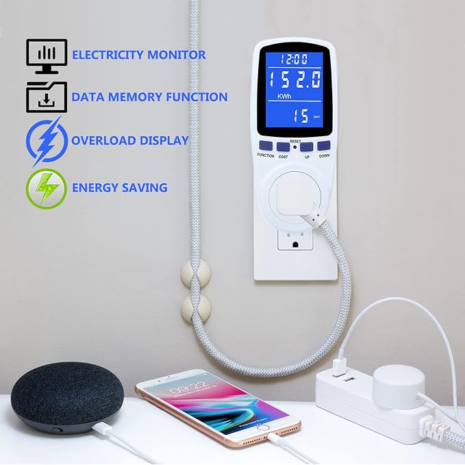 Upgraded Watt Meter Power Meter Plug Home Electricity Usage Monitor, Electrical Usage Monitor Consumption, Energy Voltage Amps Kill Meter with Backlight, Overload Protection, 7 Modes Display-With Cord