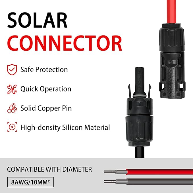 8AWG Solar Connectors IP68 Waterproof 1500V 70A Solid Tinned Copper Terminal Black 5 Pairs for Solar PV Panel Cable(10mm²)
