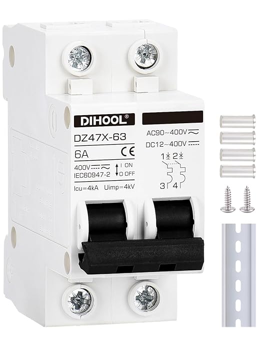 DIHOOL Solar Disconnect Switch, 6 Amp 2 Pole, DIN Rail Mount, Non Polarized, 12V 24V 48V 400V, AC/DC Circuit Breaker, RV Battery Isolator, PV Array MCB, Thermal Magnetic Trip