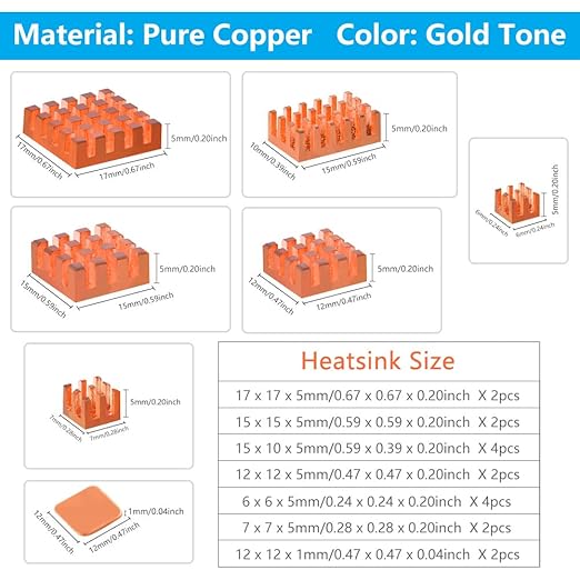 GeeekPi 18PCS Pure Copper Heatsinks for Raspberry Pi 5/4B, CPU Cooler with Thermal Conductive Adhesive Tape
