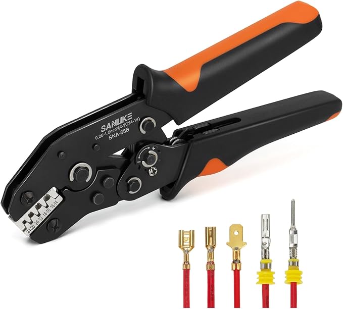 Sanuke Wire Crimping Tool, Ratcheting Wire Crimper for Open Barrel Terminal Connectors, Electrical Crimping Tool for DuPont AMP Deutsch DELPHI JST TYCO Connectors, 24-14 AWG