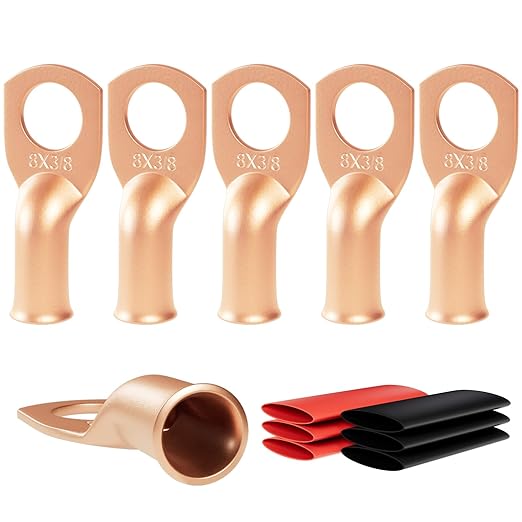 6pcs 8 Awg - 3/8" (M10) Sanuke Wire Lugs Ring Terminal Connectors Ends Heavy Duty for Battery Cable Lug Wire Electrical Eyelets with 3:1 Dual Wall Adhesive Heat Shrink