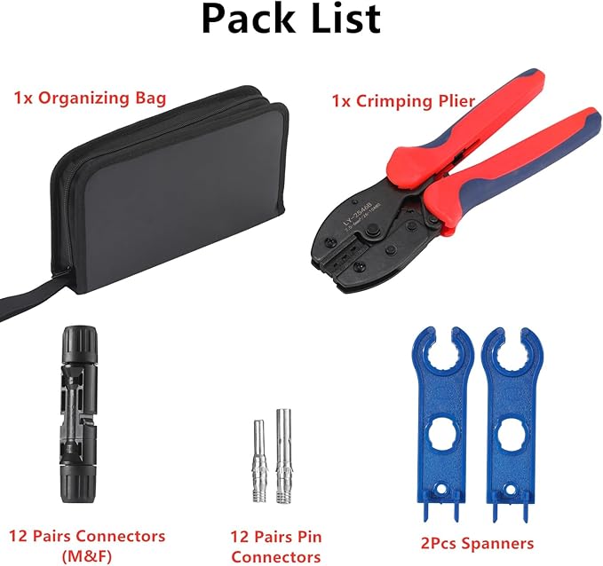 Solar Crimper Tool Kit 51 PCS Solar Tools - a Crimper, 12 Pairs Solar Connectors and 2 Spanners for Solar Panel PV Cable Assembly and Installation