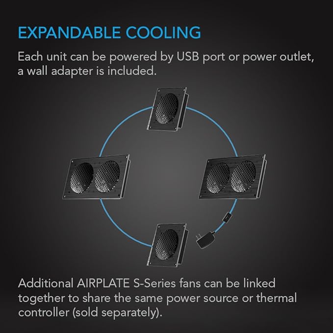 AC Infinity AIRPLATE S7, Quiet Cooling Fan System 12" with Speed Control, for Home Theater AV Cabinets (Pack of 2)