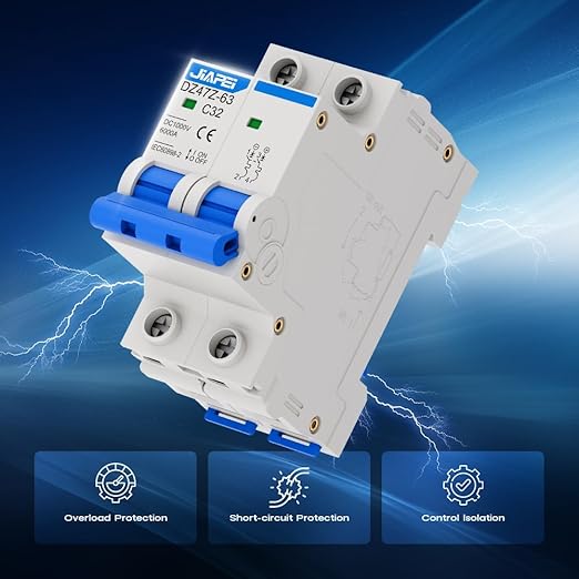 DC Miniature Circuit Breaker, 1000V 2 Pole 32 Amp Isolator for Solar PV System, Thermal Magnetic Trip DIN Rail Mount, C32 DC Disconnect Switch